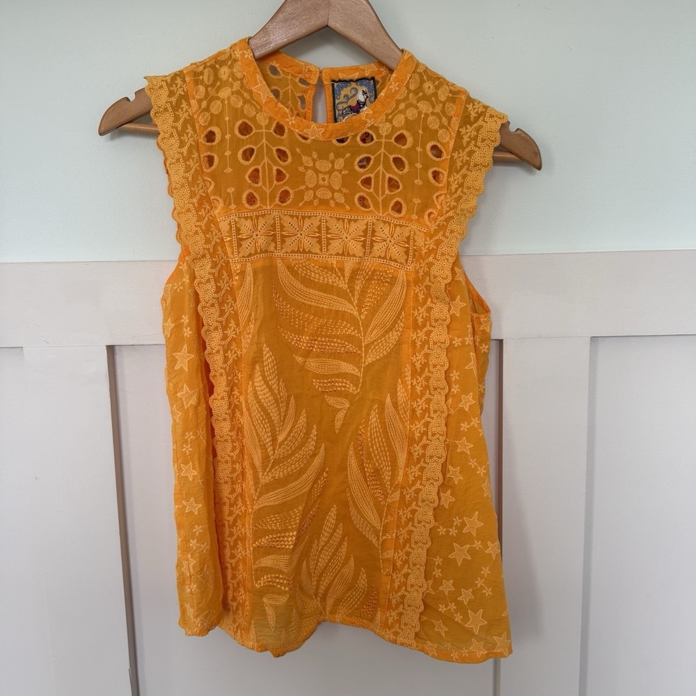 Johnny Was Leafy Concetta Eyelet‎ Embroidered Blouse SMALL Sleeveless Keyhole